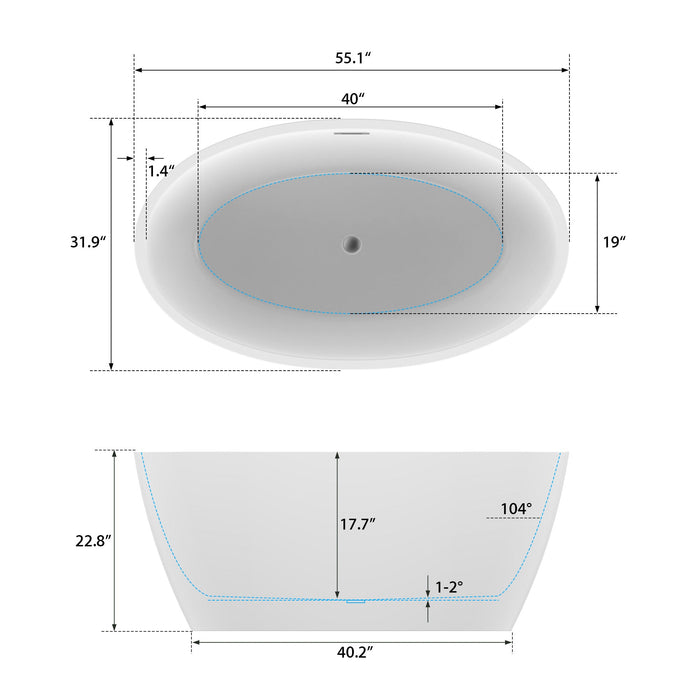 55" x 32" Modern Oval Freestanding Acrylic Soaking Bathtub White Compact Soaker Tub Center Drain VA6834-S - HomeBeyond