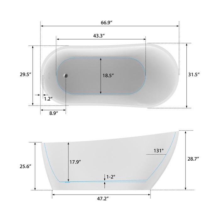 55"or 67" Freestanding Acrylic Bathtub Modern Stand Alone Soaking Tub - HomeBeyond