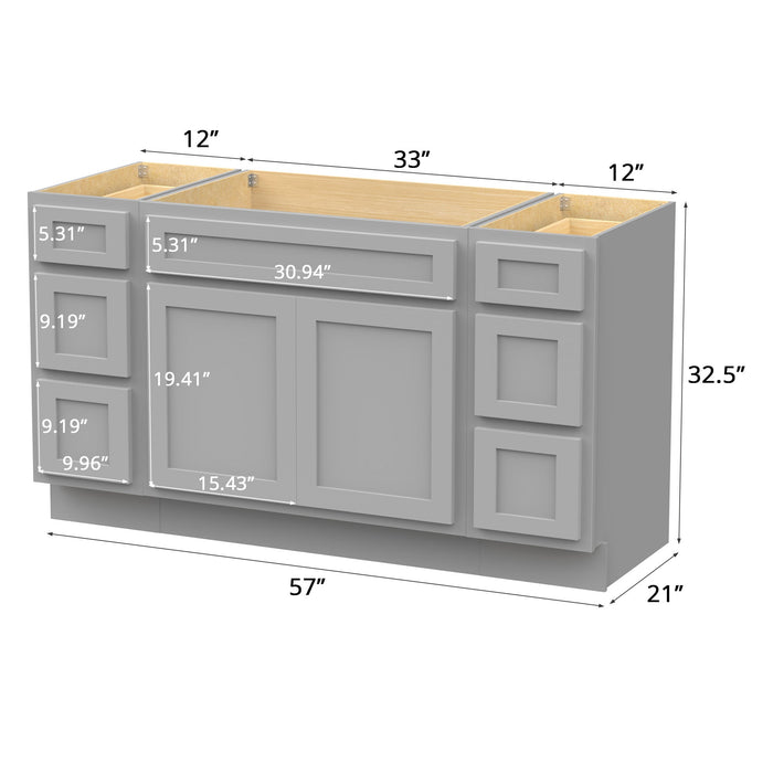 57" Modern Freestanding Oak Plywood Bathroom Vanity Base Only – Shaker Style Storage Cabinet with 6 Drawers & 2 Soft-Closing Doors VA40123-33-123 - HomeBeyond
