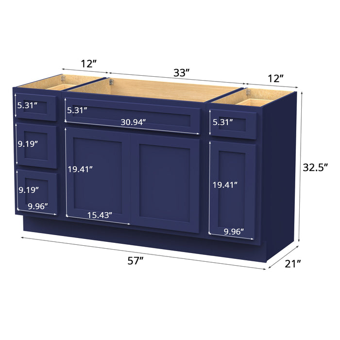 57" Plywood Bathroom Vanity Cabinet without Top - 4 Drawers & 3 Doors - HomeBeyond