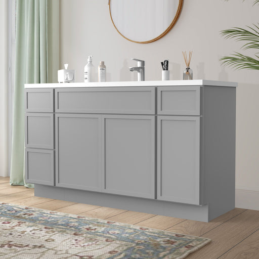 57-inch light gray bathroom vanity cabinet angled view with white sink top and toiletries