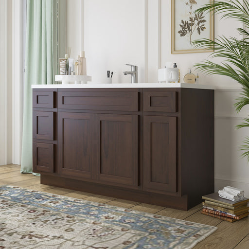 57-inch dark walnut brown bathroom vanity cabinet with white countertop, angled view in styled bathroom setting