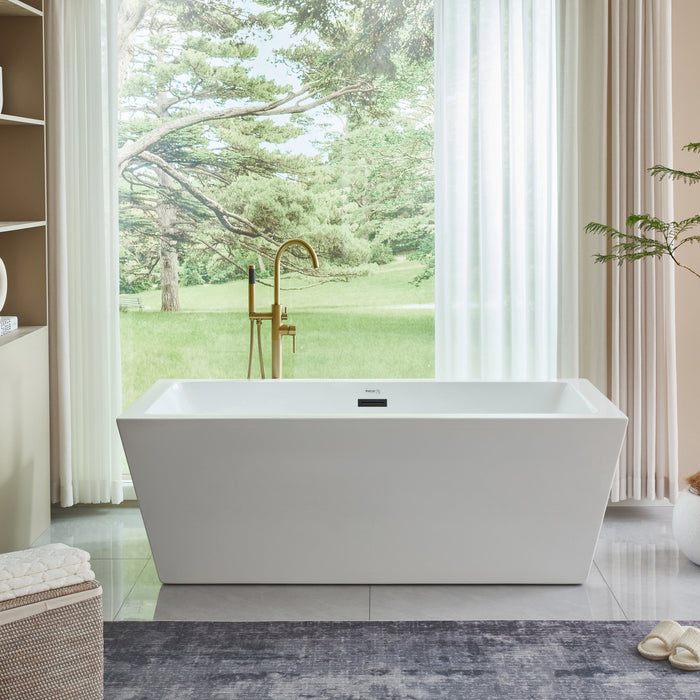 59" Freestanding White Acrylic Bathtub, Modern Stand Alone Soaking Tub with Slotted Overflow and Pop-up Drain - HomeBeyond