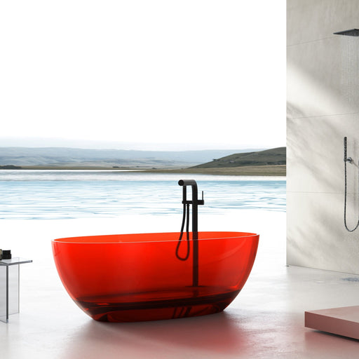 HomeBeyond red transparent oval freestanding bathtub with black floor-mount faucet in modern bathroom with panoramic view