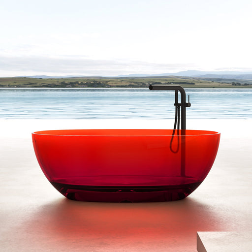 HomeBeyond 59 or 67 inch red transparent oval stone resin freestanding bathtub with matte black floor faucet by waterfront