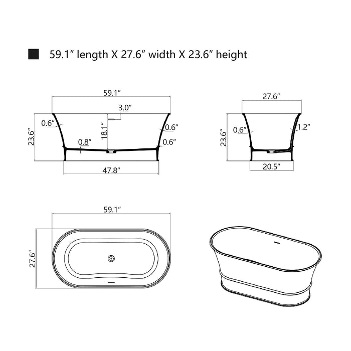 59" X 28" Stone Resin Oval Shape Freestanding Bathtub, with Pure White Overflow and Pop Up Drain VA6919-S - HomeBeyond