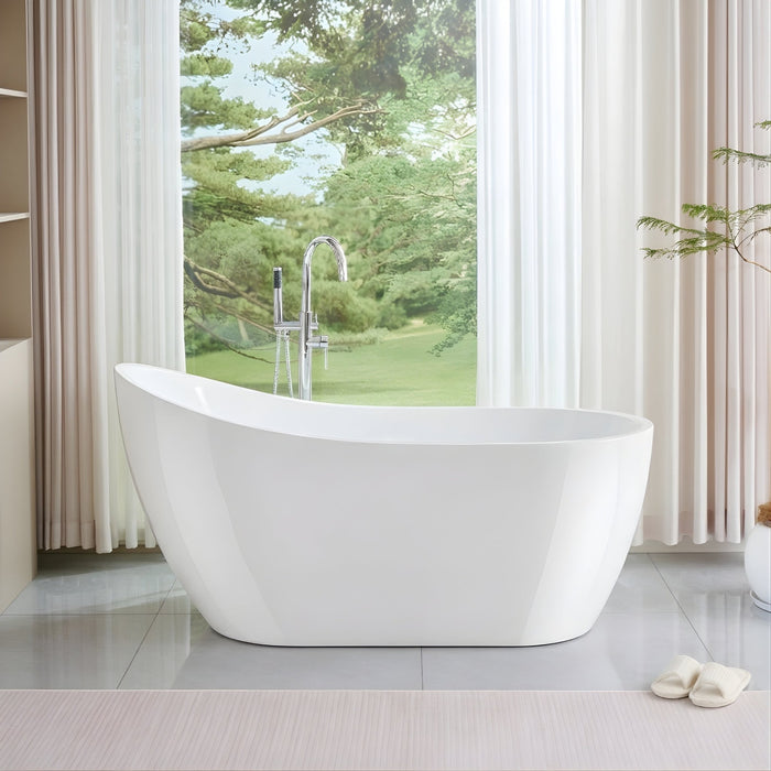 59" X 29" Freestanding White Acrylic Bathtub, Modern Stand Alone Soaking Tub with Slotted Overflow and Pop - up Drain - HomeBeyond