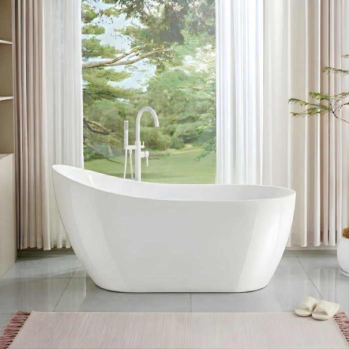 59" X 29" Freestanding White Acrylic Bathtub, Modern Stand Alone Soaking Tub with Slotted Overflow and Pop - up Drain - HomeBeyond