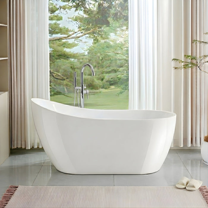 59" X 29" Freestanding White Acrylic Bathtub, Modern Stand Alone Soaking Tub with Slotted Overflow and Pop - up Drain - HomeBeyond