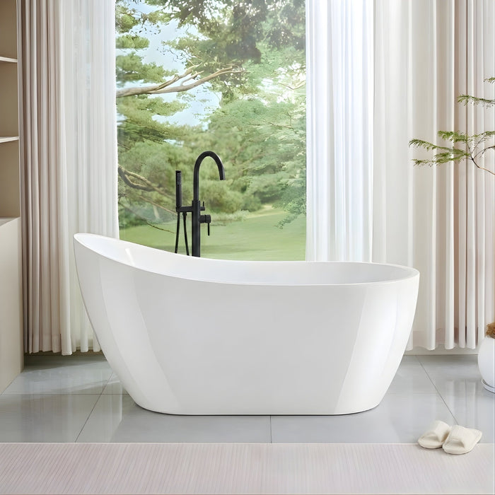 59" X 29" Freestanding White Acrylic Bathtub, Modern Stand Alone Soaking Tub with Slotted Overflow and Pop - up Drain - HomeBeyond