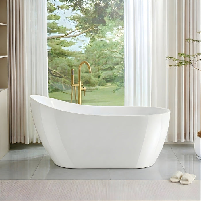 59" X 29" Freestanding White Acrylic Bathtub, Modern Stand Alone Soaking Tub with Slotted Overflow and Pop - up Drain - HomeBeyond