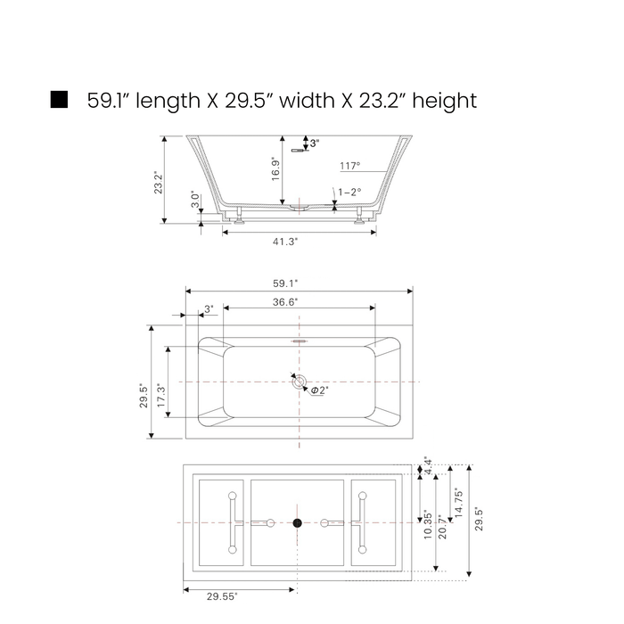 59" x 30" Acrylic Modern Stand Alone Soaking Tub, with Slotted Overflow and Pop-up Drain - HomeBeyond