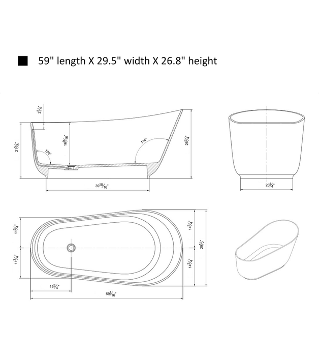 59" x 30" Flatbottom Freestanding Solid Surface Resin Stone Bathtub-VA6911-GS - HomeBeyond