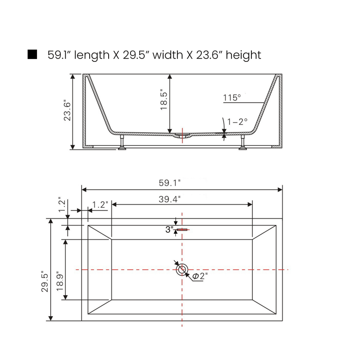 59" x 30" Freestanding Acrylic Bathtub, Modern Stand Alone Soaking Tub with Slotted Overflow and Pop-up Drain - HomeBeyond