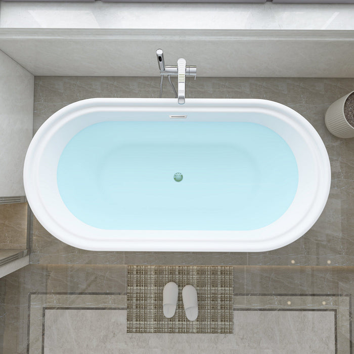59" x 30" Freestanding White Acrylic Bathtub, Modern Stand Alone Soaking Bathtub with Slotted Overflow and Pop-up Drain - HomeBeyond