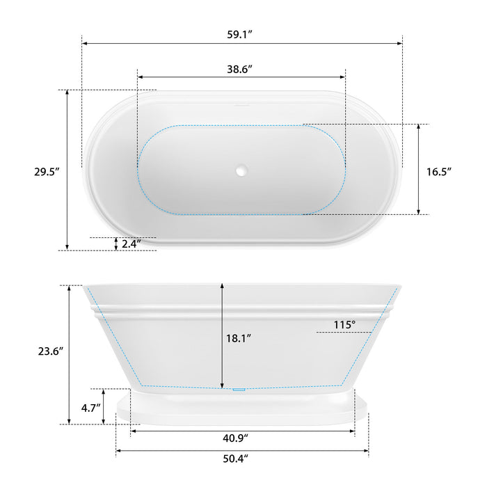59" x 30" Freestanding White Acrylic Bathtub, Modern Stand Alone Soaking Bathtub with Slotted Overflow and Pop-up Drain - HomeBeyond