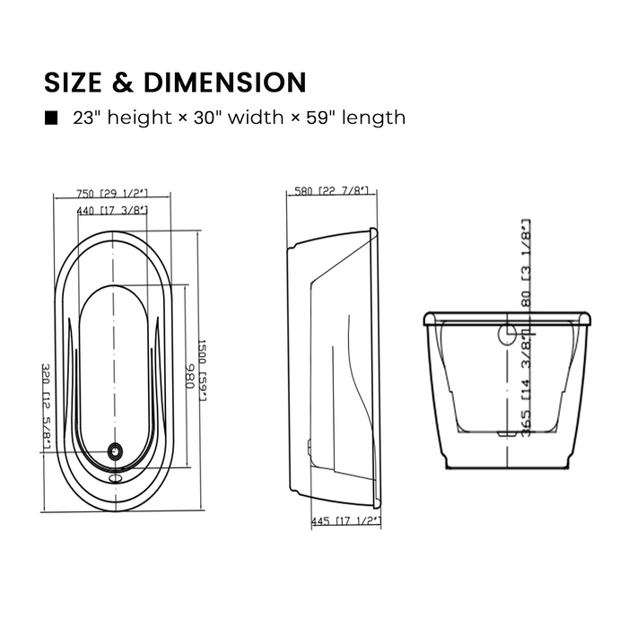 59" x 30" Freestanding White Acrylic Bathtub, Modern Stand Alone Soaking Tub with Polished Chrome Round Overflow and Pop-up Drain-VA6909-S - HomeBeyond