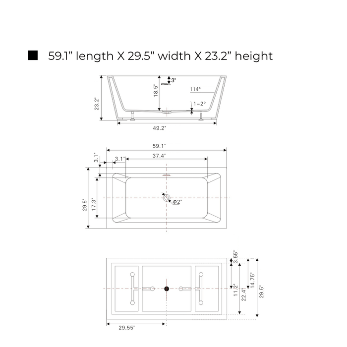 59" x 30" Freestanding White Acrylic Bathtub, Modern Stand Alone Soaking Tub with Slotted Overflow and Pop-up Drain - HomeBeyond