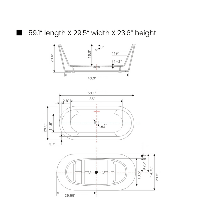 59" x 30" Freestanding White Acrylic Bathtub-VA6812-S - HomeBeyond