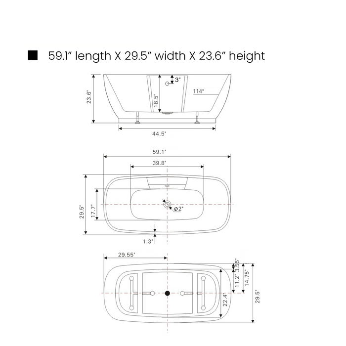 59" x 30" Inches Freestanding White Acrylic Bathtub - HomeBeyond