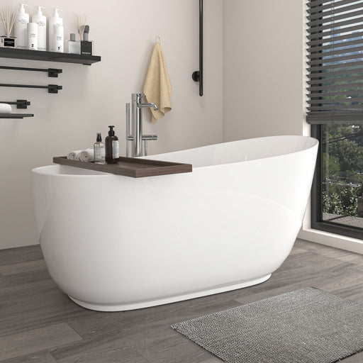 59" x 30" Modern Flatbottom Solid Surface Stone Freestanding Bathtub Glossy White Compact Soaker Tub VA6911-GS - HomeBeyond