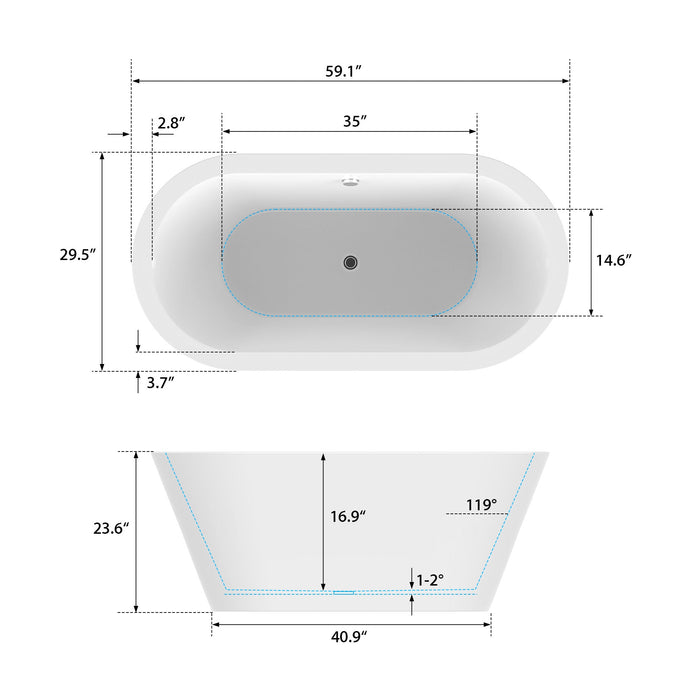 59" x 30" Modern Freestanding Acrylic Soaking Bathtub Black and White Compact Soaker Tub Chrome Drain VA6812-S - HomeBeyond