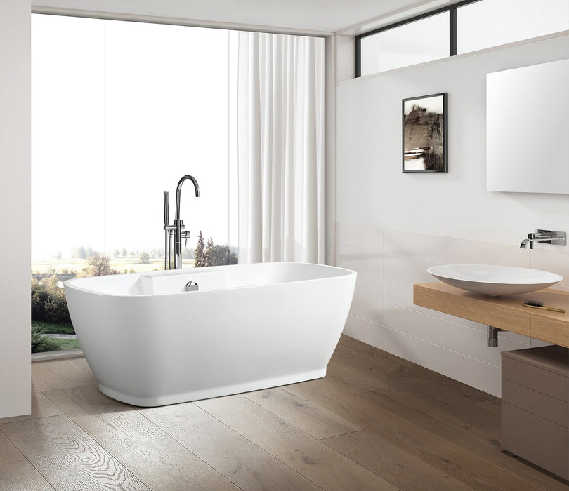 59" x 30" Modern Freestanding Acrylic Soaking Bathtub Glossy White Compact Soaker Tub Chrome Drain VA6835-S - HomeBeyond