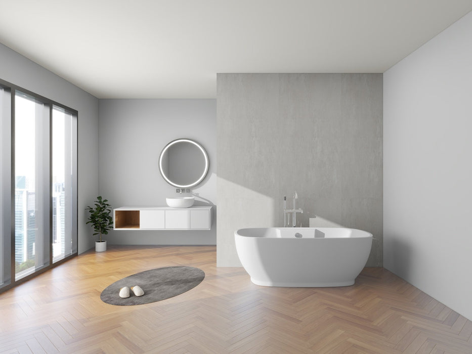 59" x 30" Modern Freestanding Acrylic Soaking Bathtub Glossy White Compact Soaker Tub Chrome Drain VA6835-S - HomeBeyond