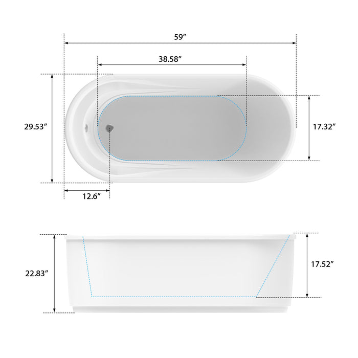 59" x 30" Modern Freestanding Acrylic Soaking Bathtub Glossy White Compact Soaker Tub Chrome Drain VA6909-S - HomeBeyond