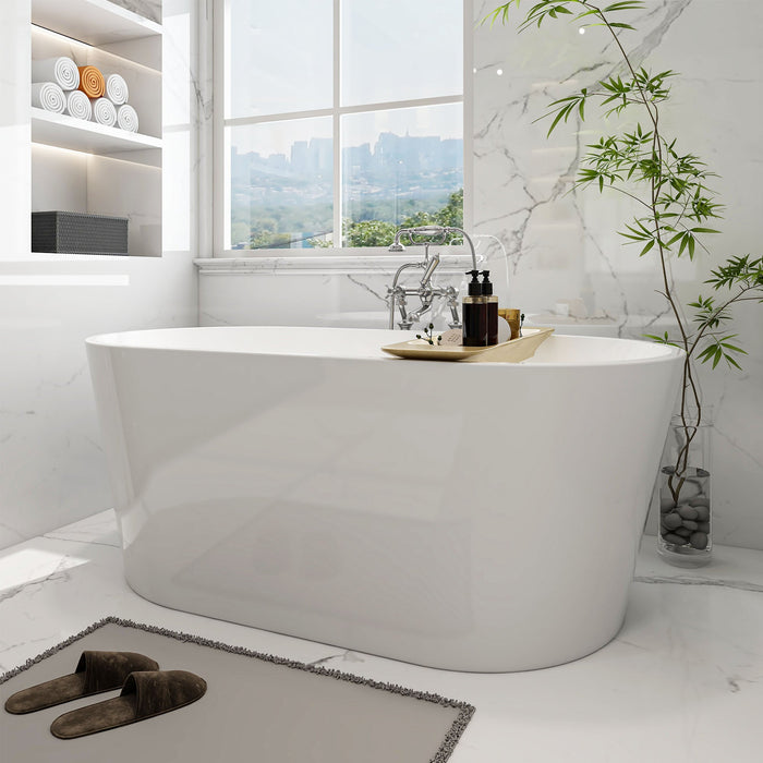 59" x 30" Modern Freestanding Acrylic Soaking Bathtub Glossy White Compact Soaker Tub Slotted Overflow VA6815-S - HomeBeyond