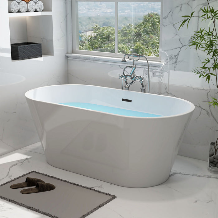 59" x 30" Modern Freestanding Acrylic Soaking Bathtub Non Slip Pure White Compact Soaker Tub Slotted Overflow VA6815-NSW - HomeBeyond