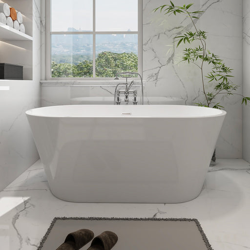 59" x 30" Modern Freestanding Acrylic Soaking Bathtub Non Slip Pure White Compact Soaker Tub Slotted Overflow VA6815-NSW - HomeBeyond