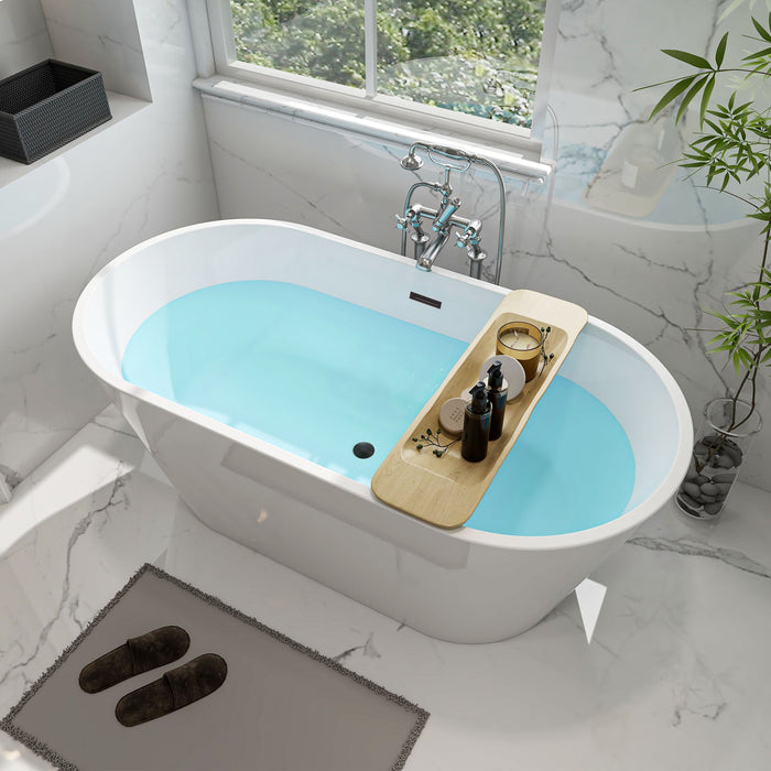 59" x 30" Modern Freestanding Acrylic Soaking Bathtub Non Slip Pure White Compact Soaker Tub Slotted Overflow VA6815-NSW - HomeBeyond