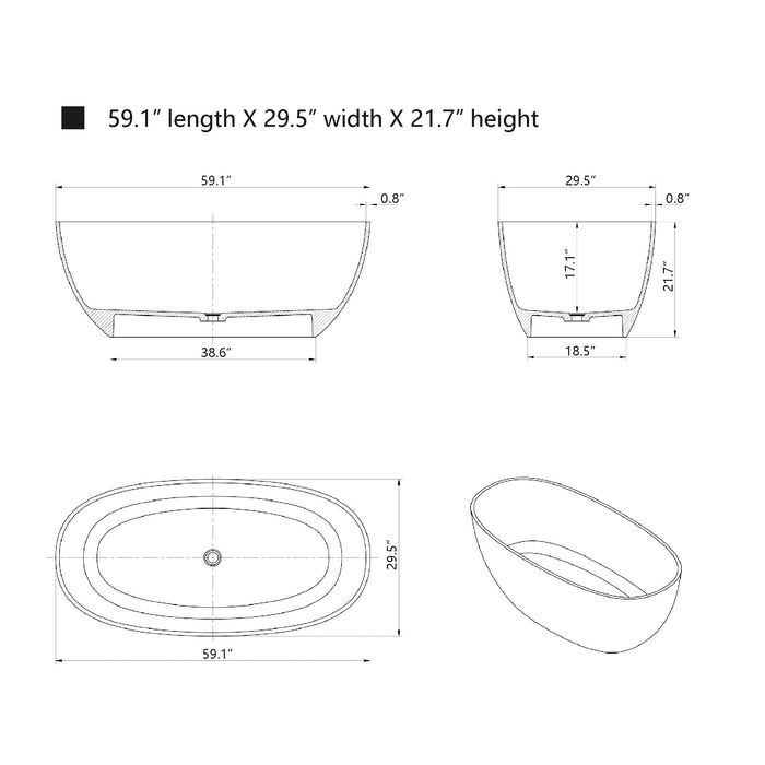 59" x 30" Modern Oval Stone Resin Freestanding Bathtub Compact Soaker Tub Polished Chrome Drain VA6921-S - HomeBeyond