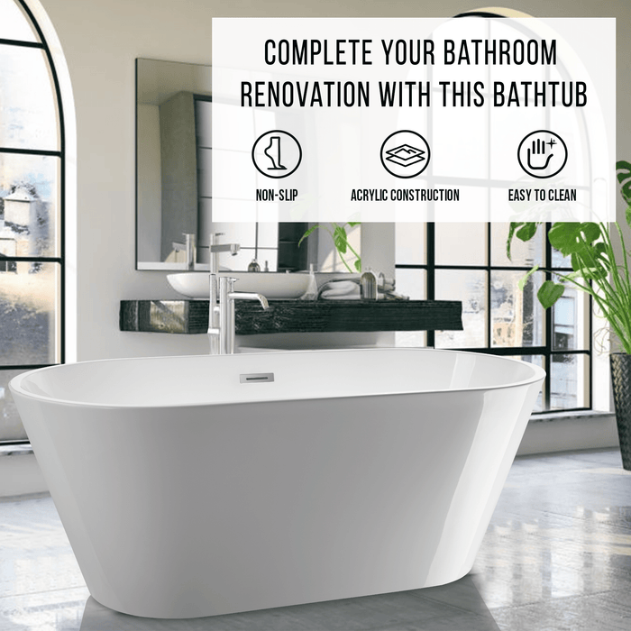 59" x 30" Non-Slip White Acrylic Freestanding Soaking Bathtub - HomeBeyond