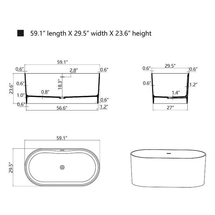 59" X 30" Stone Resin Ergonomic Shape Freestanding Bathtub, with Pure White Overflow and Pop Up Drain VA6920-S - HomeBeyond