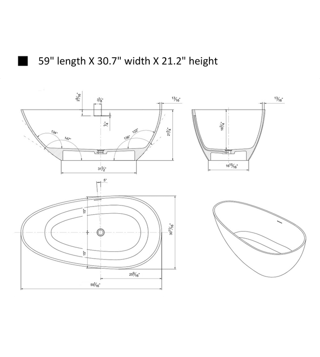 59" x 31" Flatbottom Freestanding Solid Surface Resin Stone Bathtub-VA6913-GS - HomeBeyond