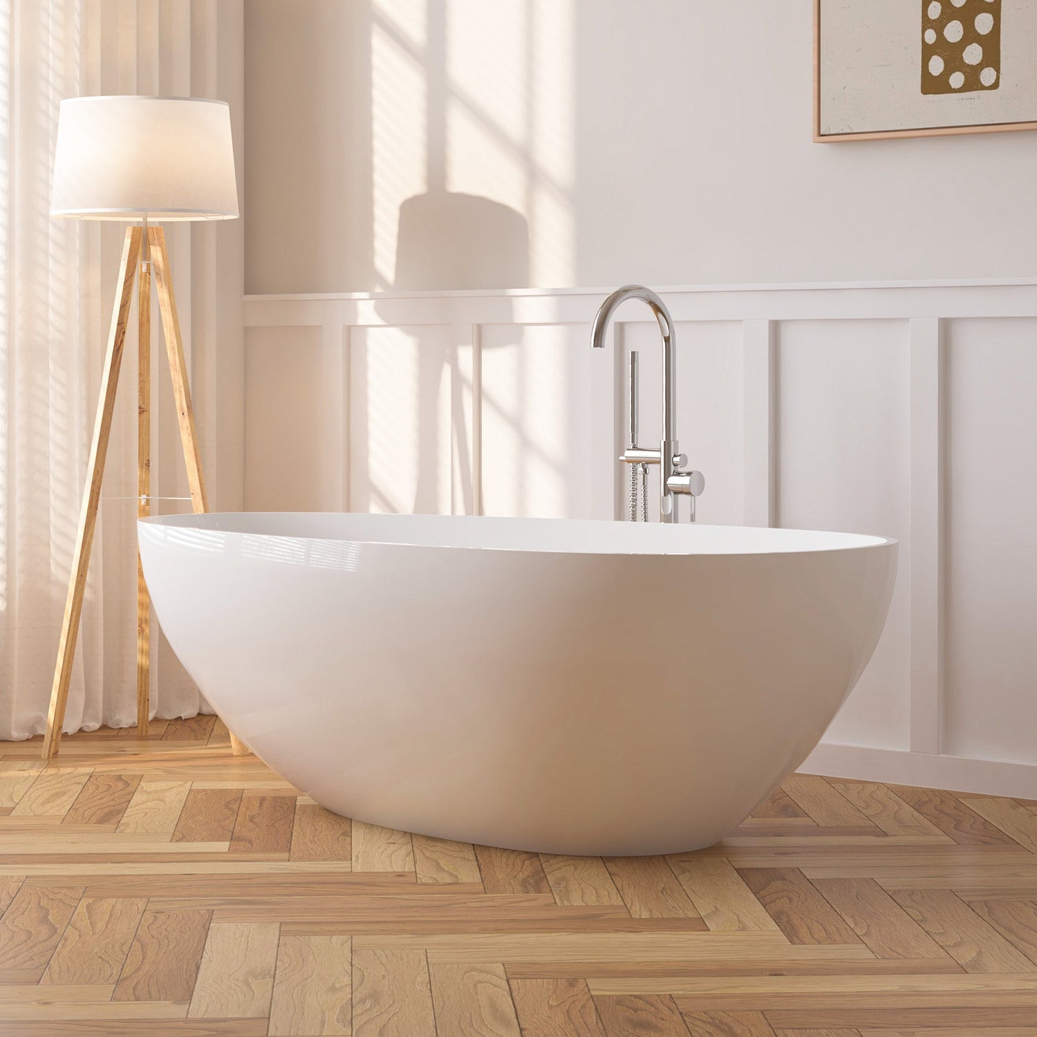 59" x 31" Modern Flatbottom Solid Surface Stone Freestanding Bathtub Glossy White Compact Soaker Tub VA6913-GS - HomeBeyond