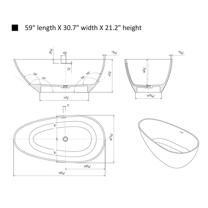 59" x 31" Modern Flatbottom Solid Surface Stone Freestanding Bathtub Glossy White Compact Soaker Tub VA6913-GS - HomeBeyond
