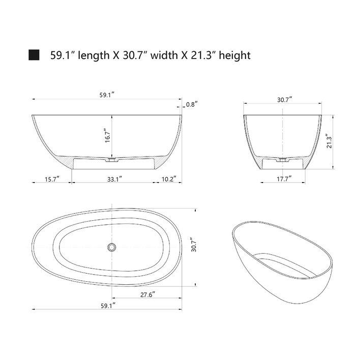 59" x 31” Oval Shaped Stone Resin Freestanding Bathtub, with Polished Chrome Pop Up Drain - HomeBeyond