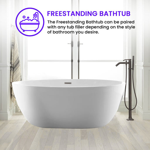 59" x 32" Freestanding Bathtub, Contemporary Design for Soaking and Bathing, Overflow and Pop-up Drain - HomeBeyond