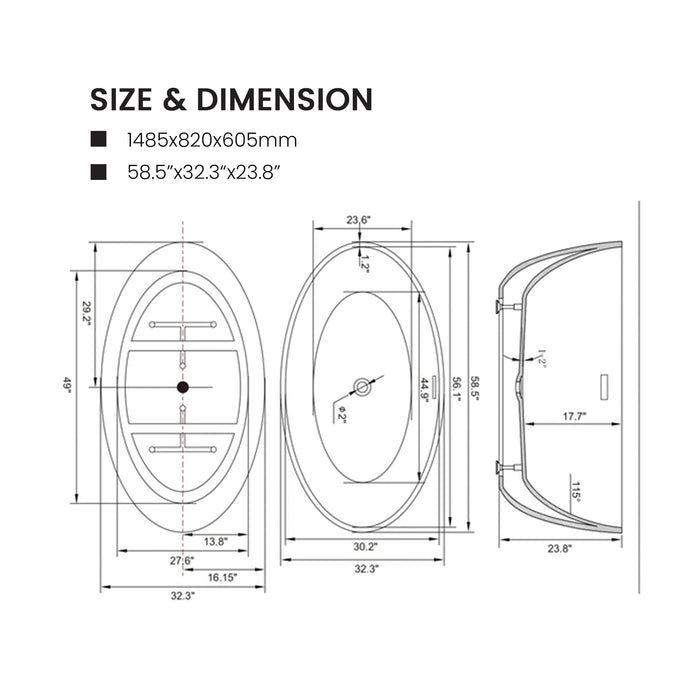 59" x 32" Freestanding Bathtub, Contemporary Design for Soaking and Bathing, Overflow and Pop-up Drain - HomeBeyond