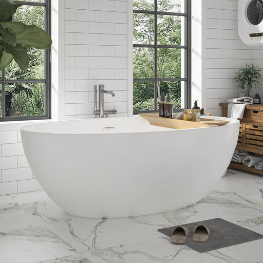 59" x 32" Modern Oval Freestanding Acrylic Soaking Bathtub Pure White Oval Soaker Tub Center Drain VA6834-M - HomeBeyond