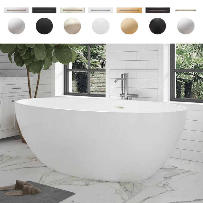 59" x 32" Modern Oval Freestanding Acrylic Soaking Bathtub Pure White Oval Soaker Tub Center Drain VA6834-M - HomeBeyond
