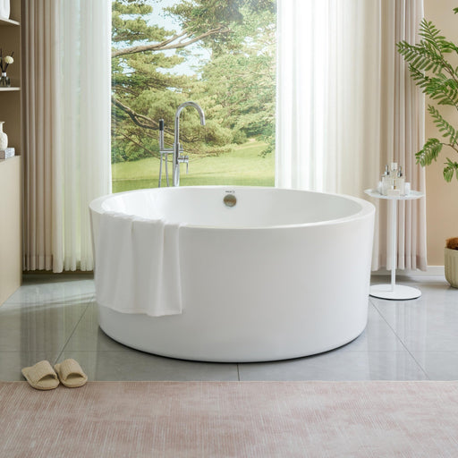 59" x 59" Freestanding Acrylic Bathtub, Modern Stand Alone Soaking Tub with Chrome Finish Round Overflow and Pop-up Drain - HomeBeyond