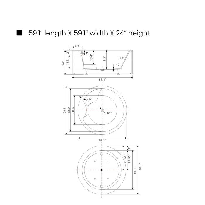 59" x 59" Freestanding Acrylic Bathtub, Modern Stand Alone Soaking Tub with Chrome Finish Round Overflow and Pop-up Drain-VA6810 - HomeBeyond