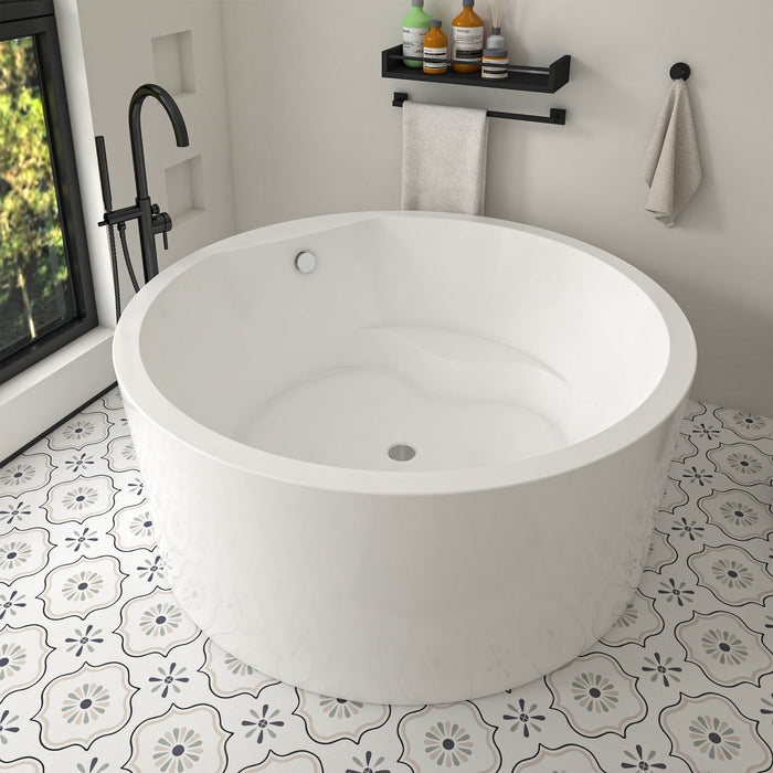 59" x 59" Modern Round Freestanding Acrylic Soaking Bathtub White Japanese Style Soaker Tub Chrome Drain VA6810 - HomeBeyond