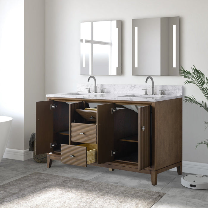 60" Double Sink Freestanding Bath Vanity Cabinet with White Engineered Marble Top - HomeBeyond
