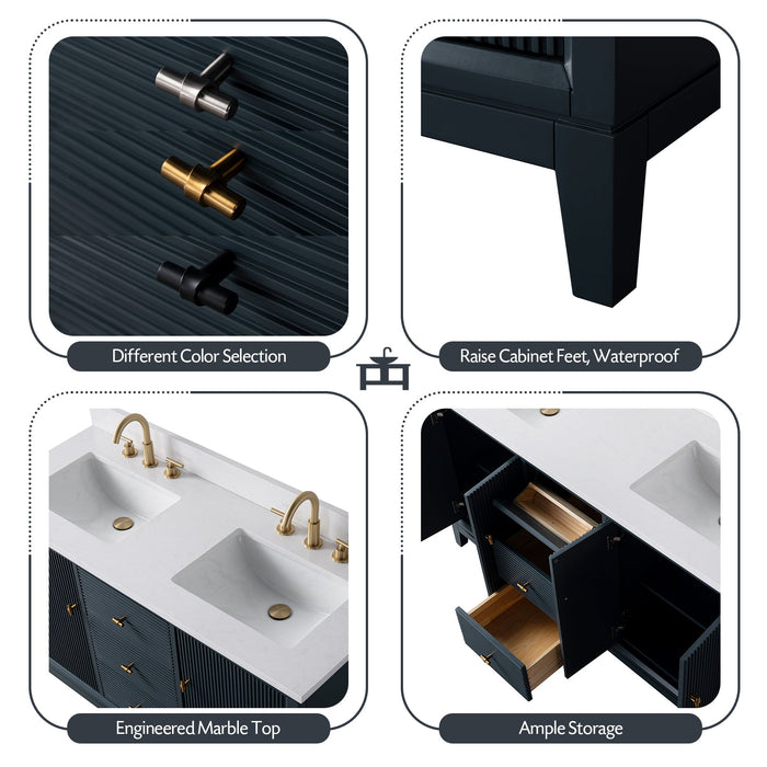 60" Double Sink Freestanding Bath Vanity Cabinet with White Engineered Marble Top - HomeBeyond
