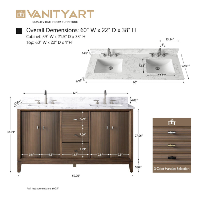 60" Double Sink Freestanding Bath Vanity Cabinet with White Engineered Marble Top - HomeBeyond
